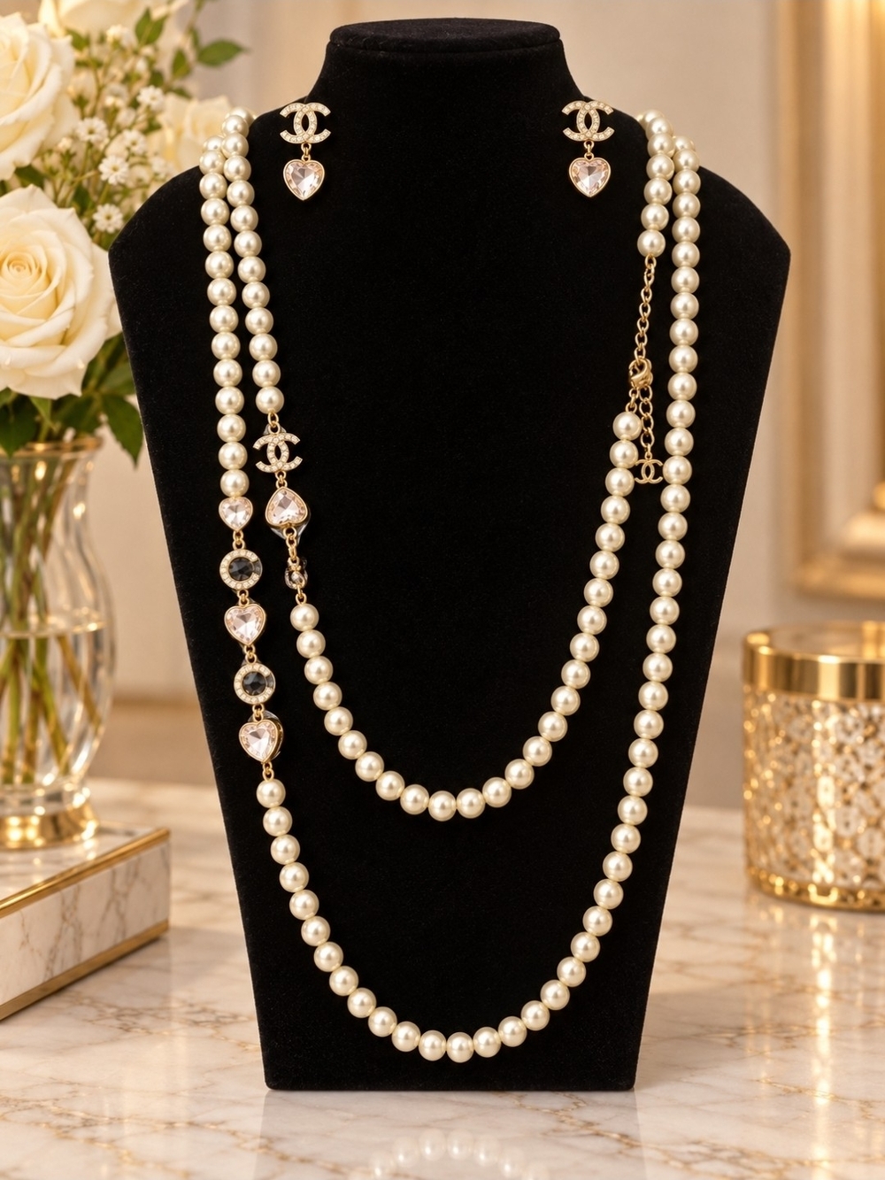 Elegant Pearl Long Necklace and Heart Drop Earrings - Gold Accents